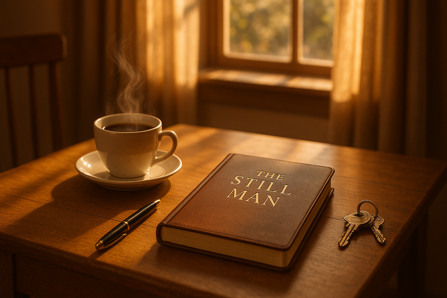 create an image of this journal called the still Man. create a sunny room with a coofee cup and pen, mans keys on a table