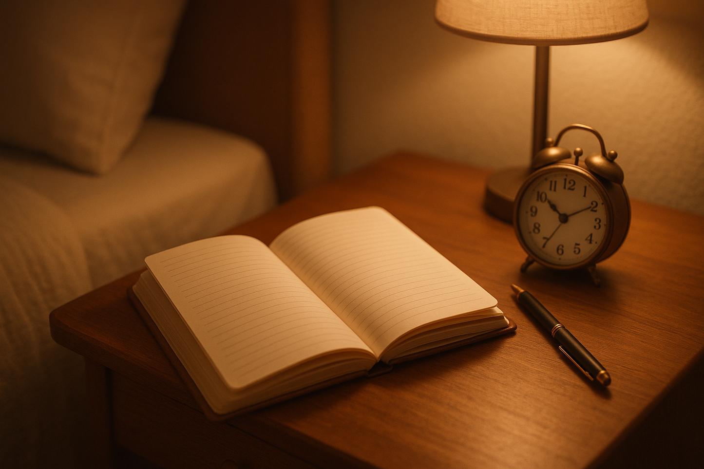 create an open journal laying on a nightstand with a pen and clock
