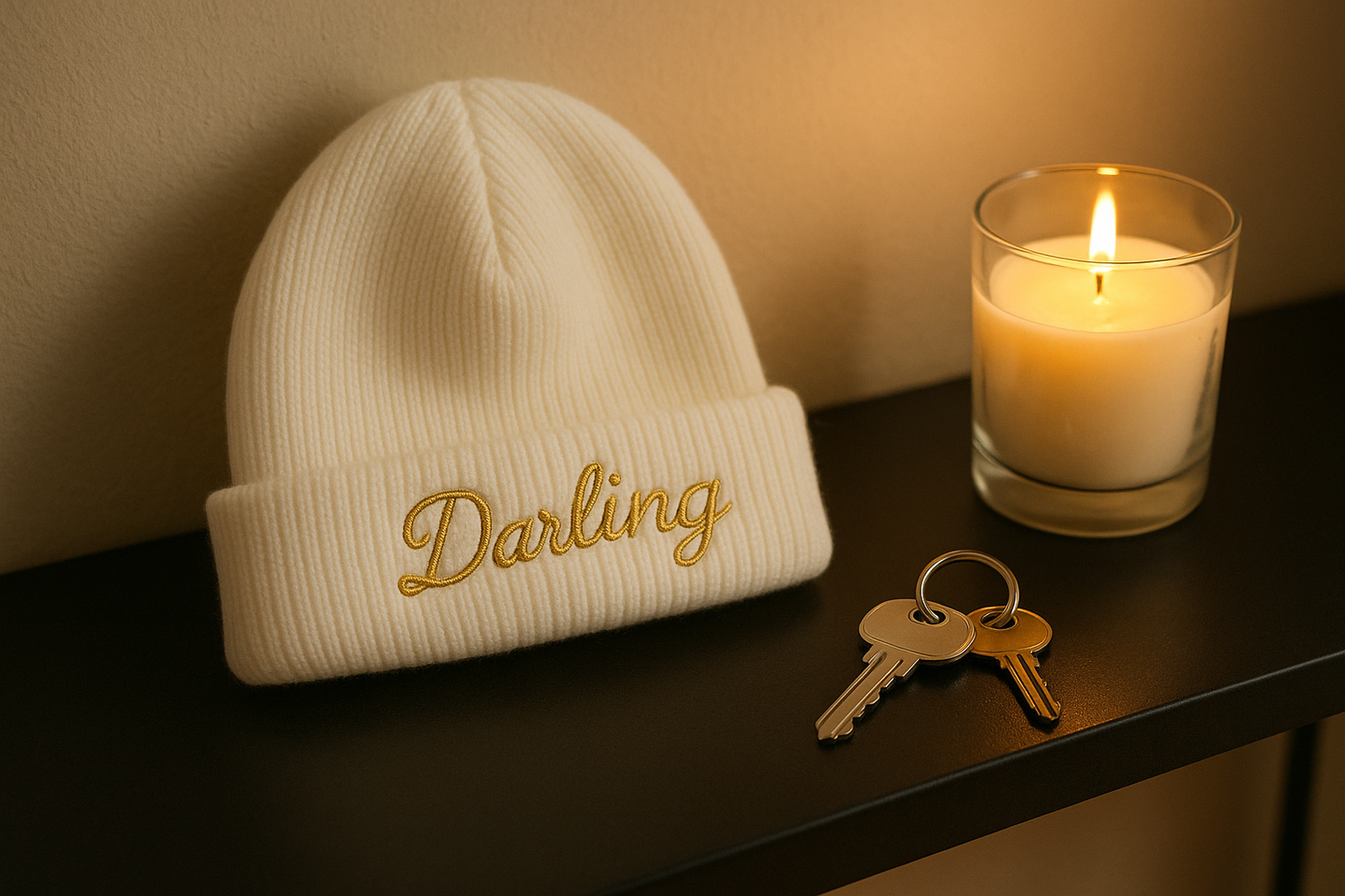 generate an image of a white beanie. write the word Darling on the flap in gold. place it on an entry table that is black add keys and a candle