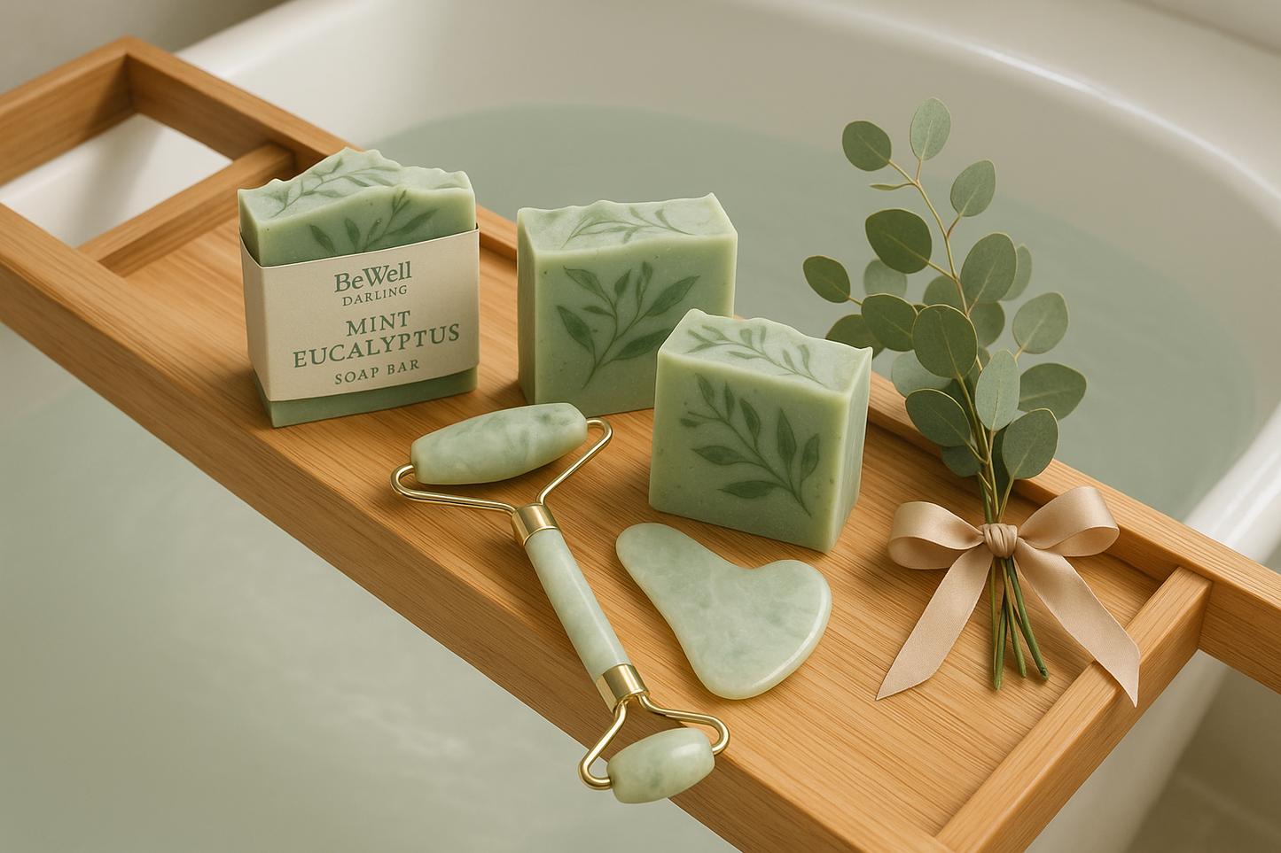 put two of soap bars in BeWell Darling label with title of soap. Make the label green and beige. tie the bouquet with beige ribbon instead.