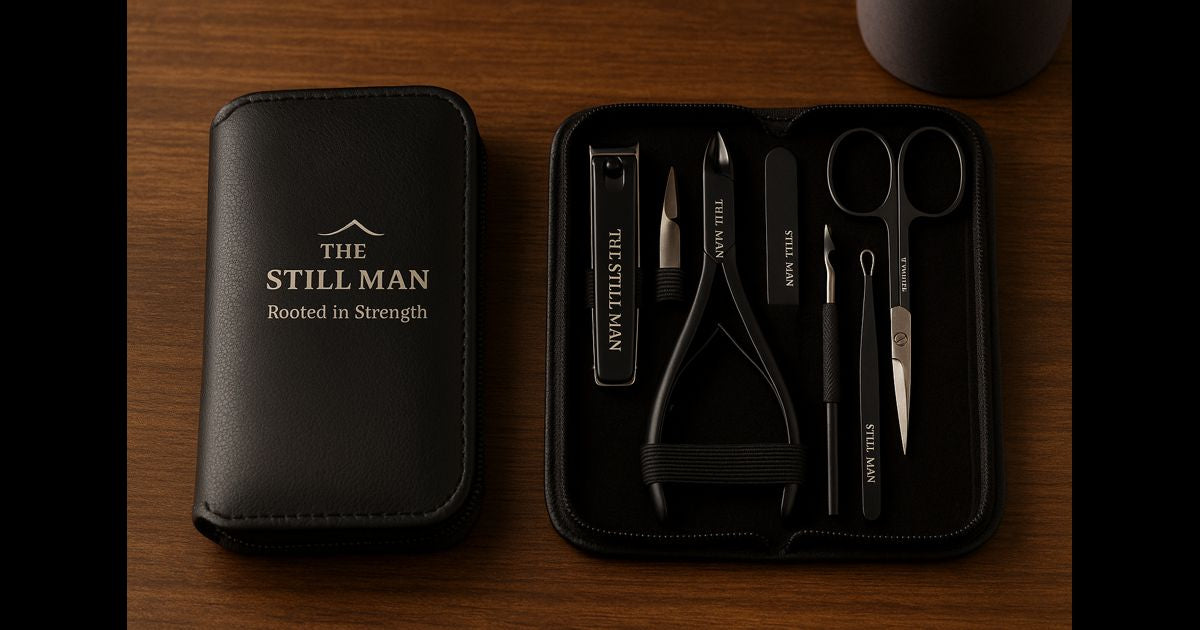 Men's luxury grooming gift box with beard wash, teakwood candle, and nail kit