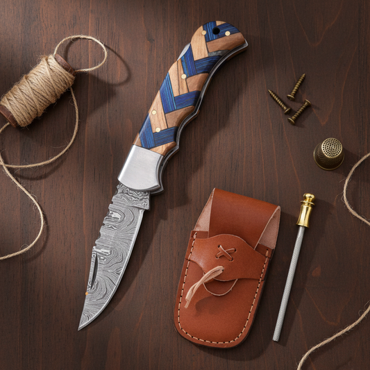 Hammer-Forged Damascus Folding Knife