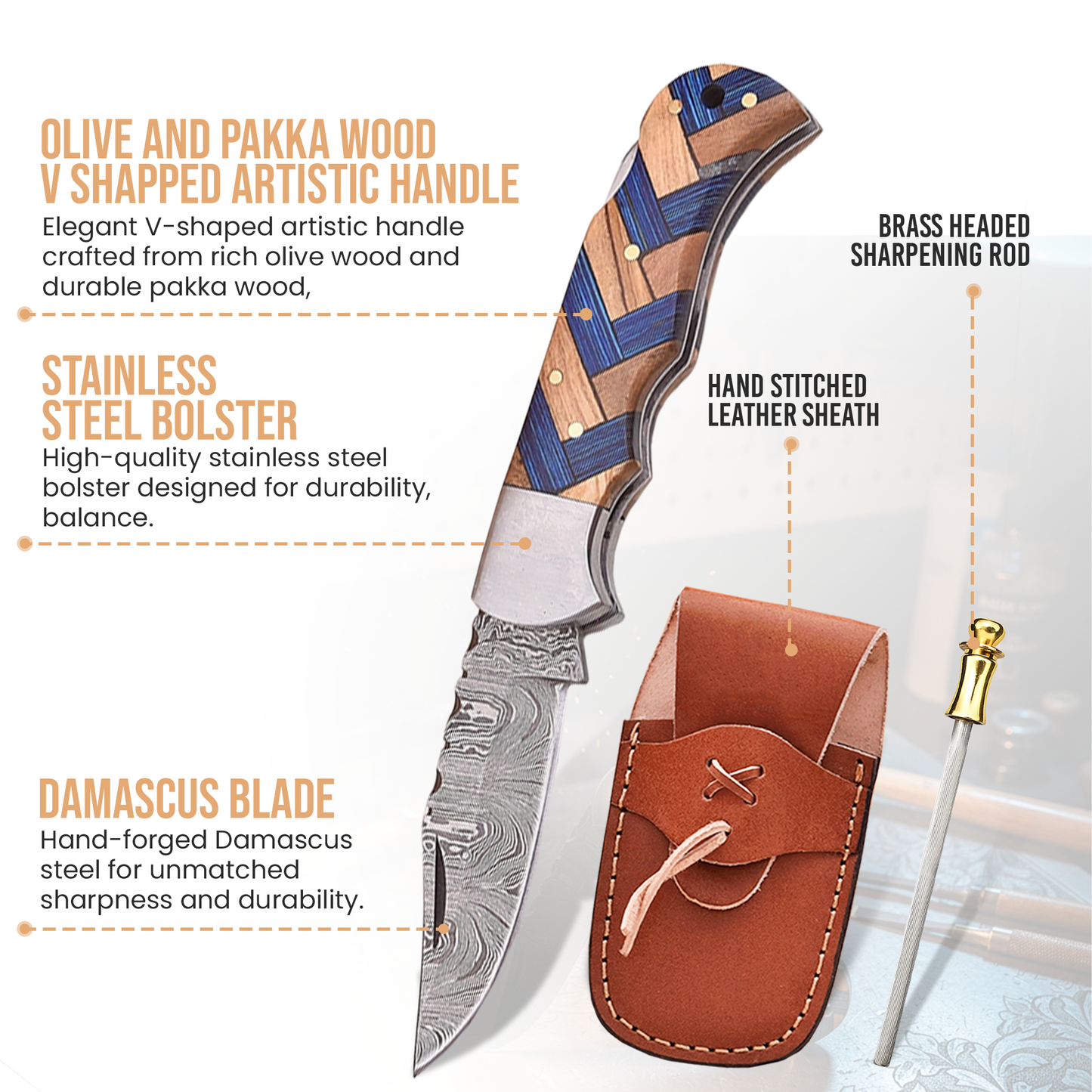 Hammer-Forged Damascus Folding Knife