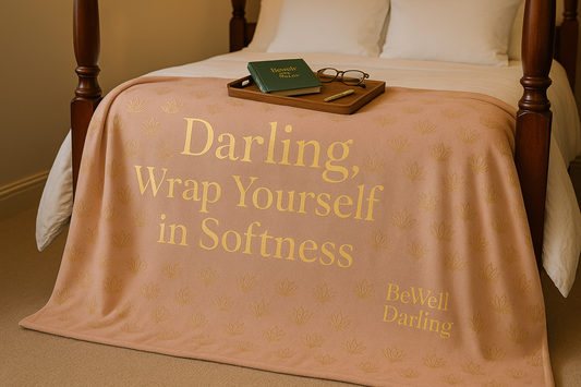 add the green BeWell Soft Notes  journal  with a gold pen and eye glasses on a bed tray