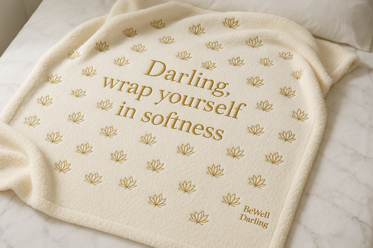 create an image of a sherpa blanket that is ivory/ cream. text is gold. write, Darling wrap yourself in softness on the blanket. use a repeated gold lotus pattern all over blanket. write BeWell Darling small in right bottom corner. place this blanket on a marble bed.