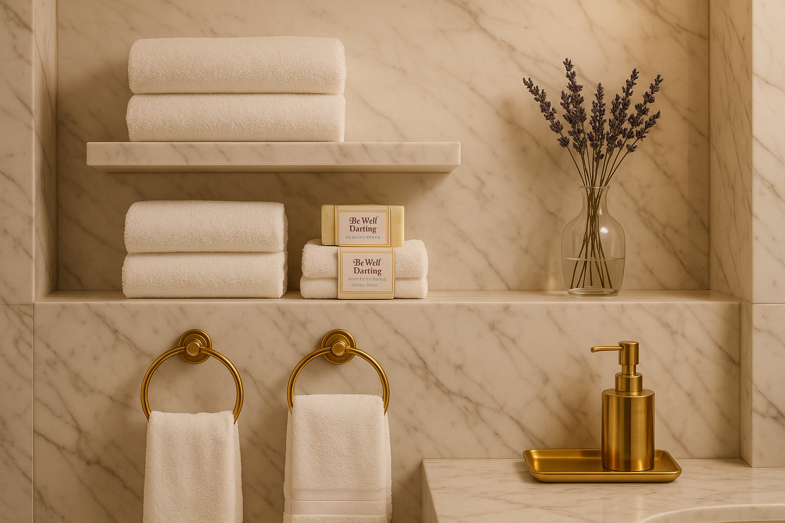 generate an image in a marble walled bathroom with 2 shelves. On the top shelf put 2 folded plush white towels. on bottom shelf put 2plush white  towels with 2 soap bars on it. The soap bars should be labeled BeWell Darling Lavender & Sage soap bar. make the label white trimmed in gold with light purple text. add gold bathroom accessories and a small bouquet of dried lavender. 