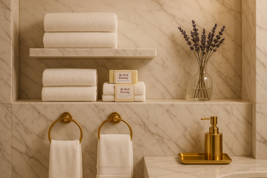 generate an image in a marble walled bathroom with 2 shelves. On the top shelf put 2 folded plush white towels. on bottom shelf put 2plush white  towels with 2 soap bars on it. The soap bars should be labeled BeWell Darling Lavender & Sage soap bar. make the label white trimmed in gold with light purple text. add gold bathroom accessories and a small bouquet of dried lavender. 