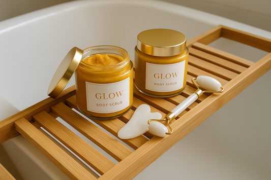 generate an image of 2 containers on a bamboo bath tray positioned across a white sinking tub with one container with lid half on revealing inside of container.  This is Turmeric scrub. Write Glow Body Scrub on the label. use a gold lid . use a white label with gold writing.  Add a white jade roller with gua sha tool. 