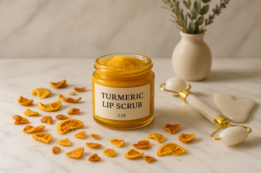 generate an image of a 2oz jar of lip scrub with title Turmeric Lip Scrub, sitting on a marble bathroom countertop with white facial roller and gua sha tool, with dried lemon, orange peel potpourri. add a small vase of dried herbs