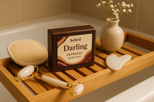 Generate an image of a bar of soap entitled BeWell Darling Espresso Soap Bar. make the soap bar look like chocolate. make the label using wavy lines of brown and beige, and burgundy. text color is burgundy. place this soap on a bamboo tub tray withbeige soap exfoliation pad, a white jade roller and gua sha tool with a small vase of flowers