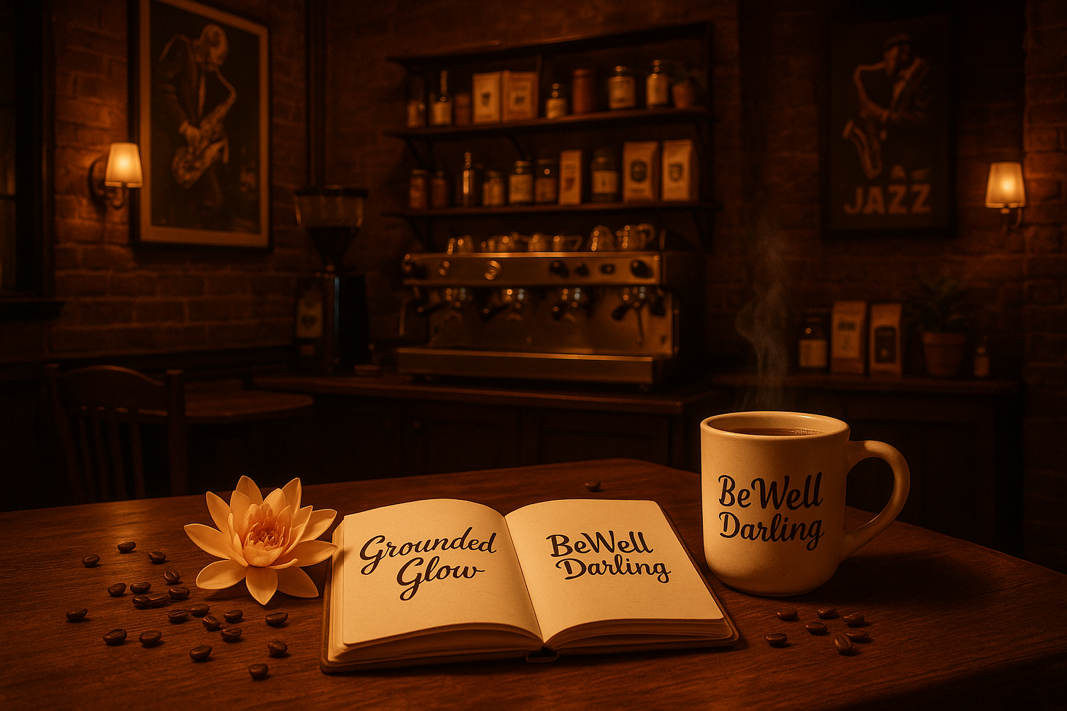 generate an image of a jazzy coffee cafe with coffee products, espresso machine, coffe beans. add a table that has a journal. Write Grounded Glow on the journal and BEWell Darling. Add Lotus flower. Add a mug that has BeWell Darling with coffee inside