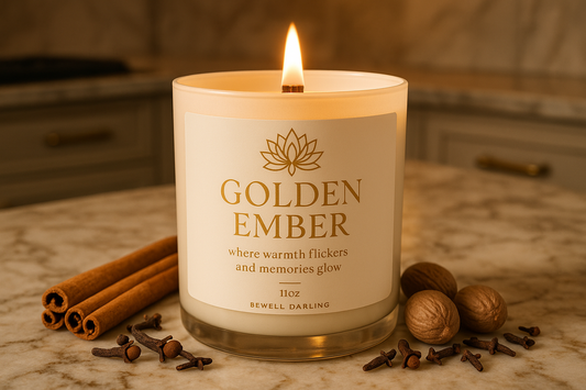generate an image of a wood wick candle. The background is soften ivory, All text champagne gold. Write, Golden Ember. second tag line where warmth  flickers and memories glow.  write 11oz at bottom. add a gold lotus in center. Write BeWell Darling very small under the lotus. place this candle on a marble kitchen countertop, with cinnamon sticks, cloves, nutmeg spices around