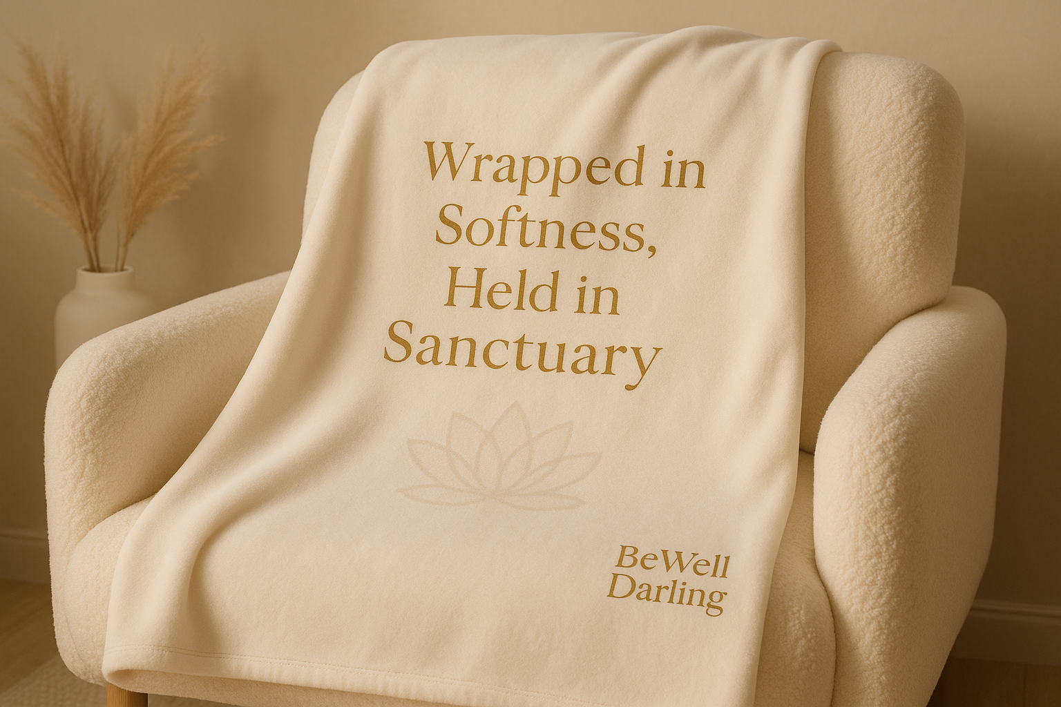 generate an image of an Ivory blanket that says wrapped in Softness, Held in Sanctuary. text for all is gold. Place a faint watermark lotus in center. Put BeWell Darling in far right corner.  drape the blanket over a cozy luxe ivory chair