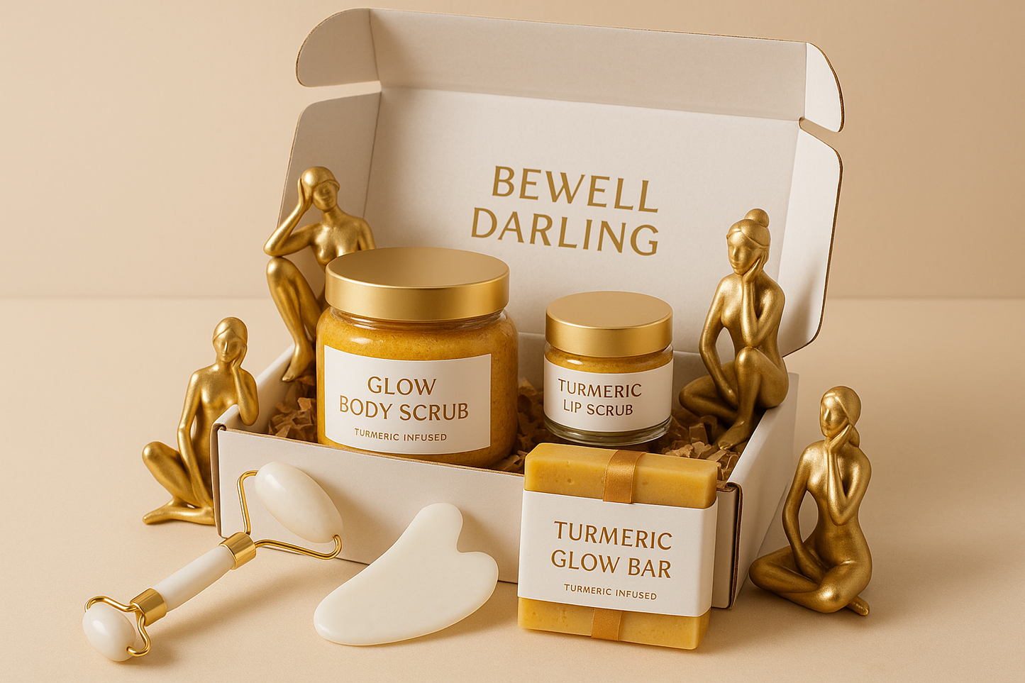 Generate an image. Of cosmetic products mixed with turmeric. Create a label called  Glow  Body Scrub,  another Label called  Turmeric Lip Scrub,  another Label  called Turmeric Glow Bar. Put gold lids on containers. Make labels white with gold text. tie a gold ribbon around the The Glow bar. add a white jade roller and white gua sha tool. add gold female figurines who look relaxed, restful. place in a BeWell Darling mailer box  box.