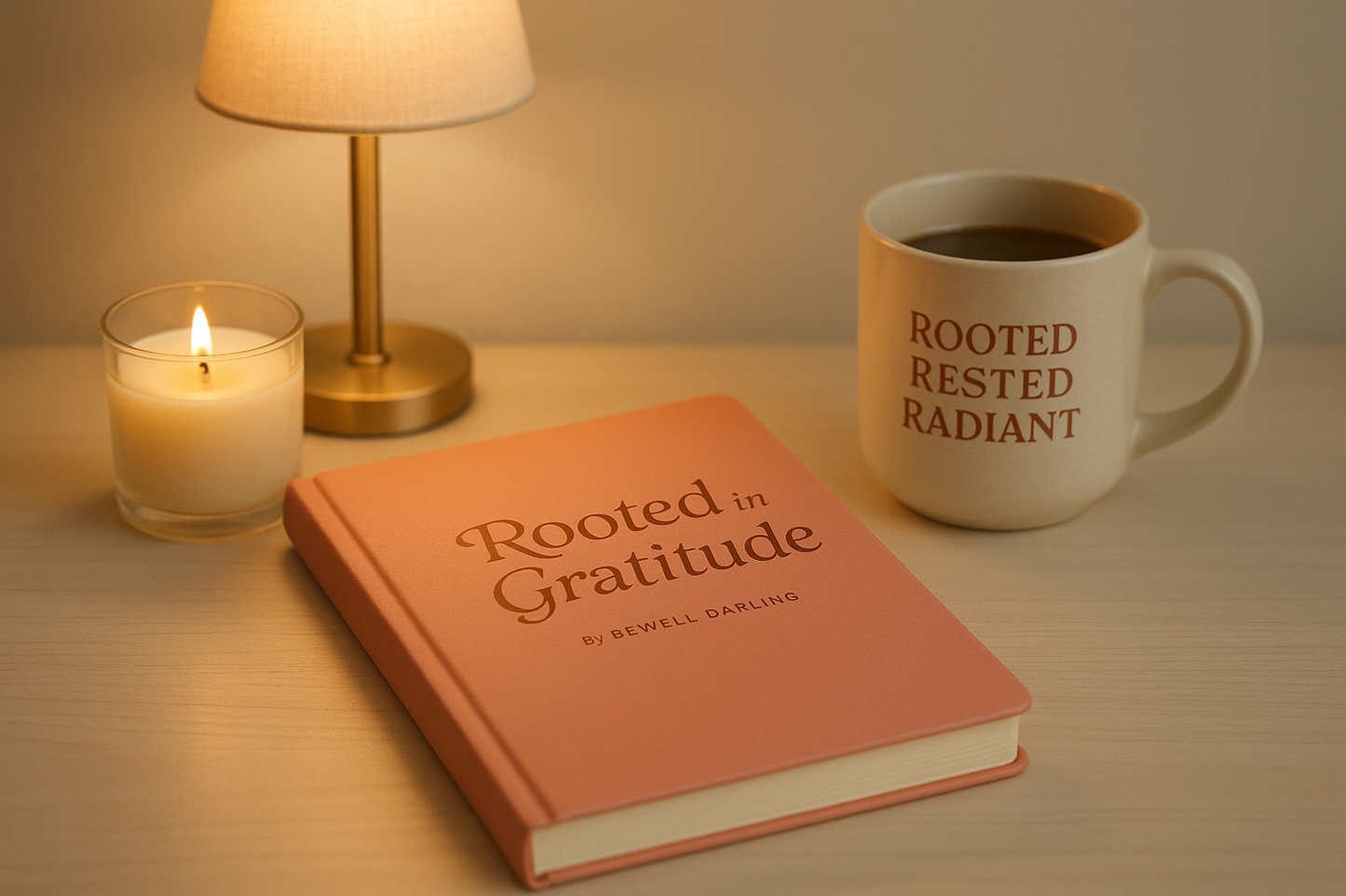 generate an image with a journal called Rooted in Gratitude by BEWEll Darling. This journal is a soft coral color. place this journal on a desk with a lamp , coffe mug that says Rooted rested radiant. add candle