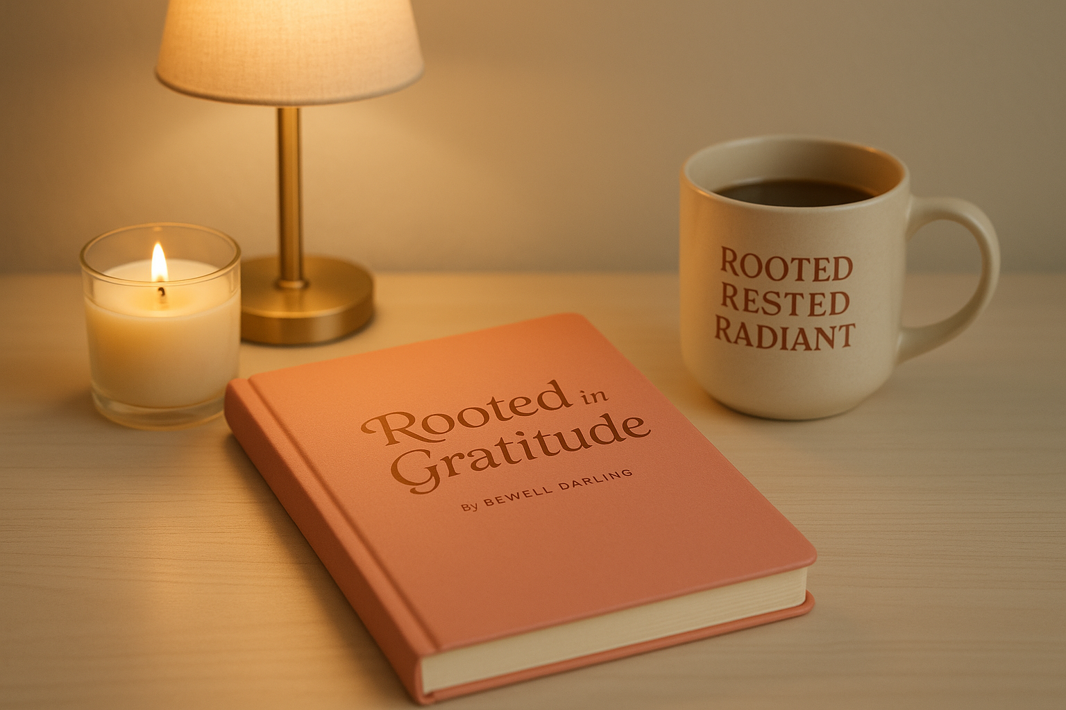 generate an image with a journal called Rooted in Gratitude by BEWEll Darling. This journal is a soft coral color. place this journal on a desk with a lamp , coffe mug that says Rooted rested radiant. add candle