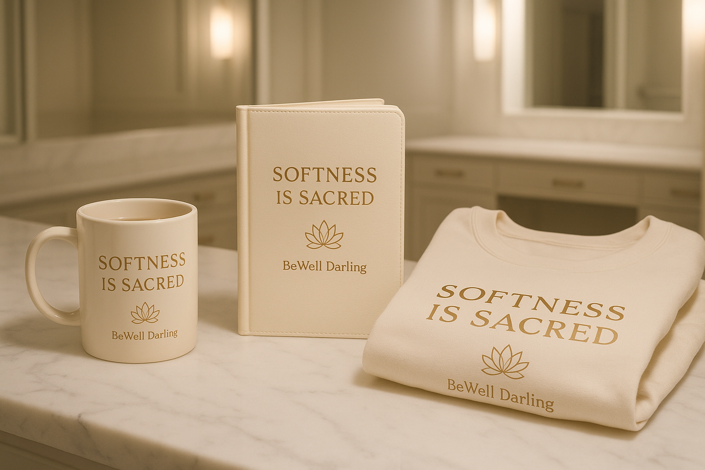 generate an image with a mug, journal, and sweatshirt. Write  Softness is Sacred on each item with a BeWell darling lotus. Make all items a soft ivory/ cream color with champagne gold text. Place items in a dressing room with marble 