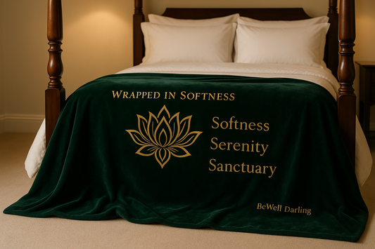 perfect!! stack the softness serenity sanctuary vertically. make BeWell smaller and on 1 line. drape this blanket over a four poster bed with ivory bedding