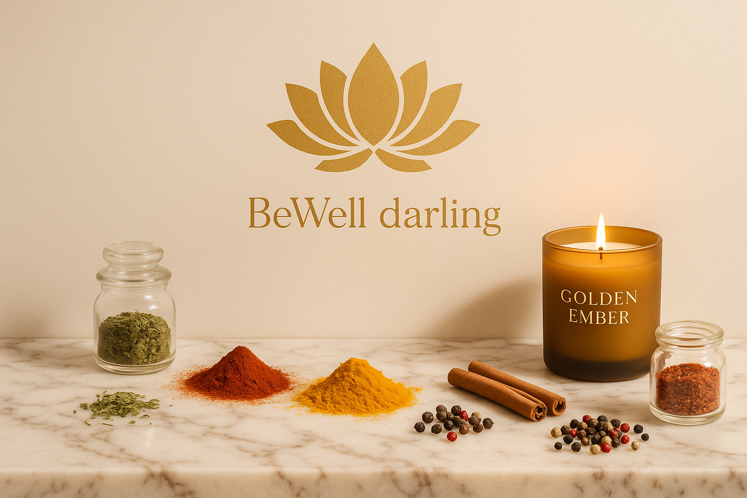 remove the candle , replace it with  a candle that says golden Ember. add a gold lotus. write all text in gold. background is ivory. add BeWell darling very small under the lotus. Lotus is in center. keep the spices put some on the countertop. change countertop to marble finish