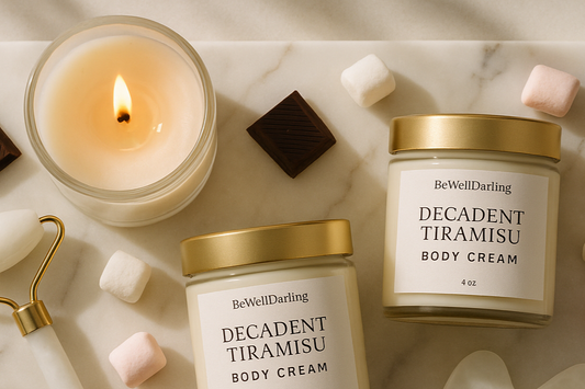  remove the supplements and facial oil. Add 2 cosmetic cream jars 4 oz with gold lids. on the label write Decadent Tiramisu Body Cream. add a  lighted candle with wood burning wick